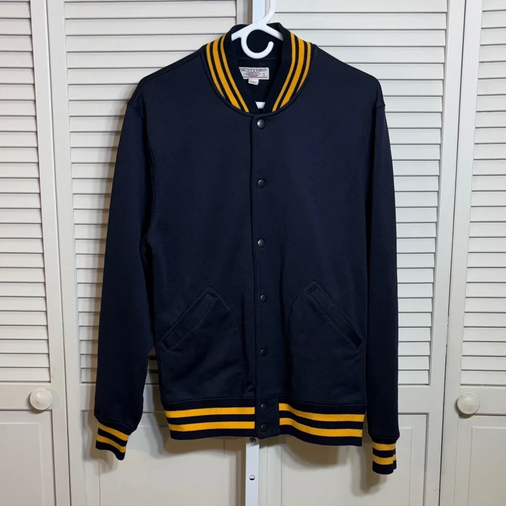 J.Crew Wallace & Barnes Navy Yellow Stripe Crew Neck Cotton Varsity Jacket Small